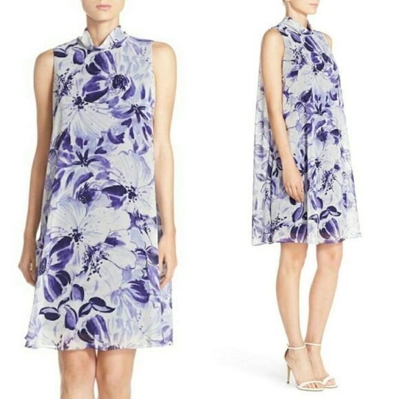 New Eliza J Flowy Florql Chiffon Trapeze Dress Size 8 Purple White - Picture 1 of 5